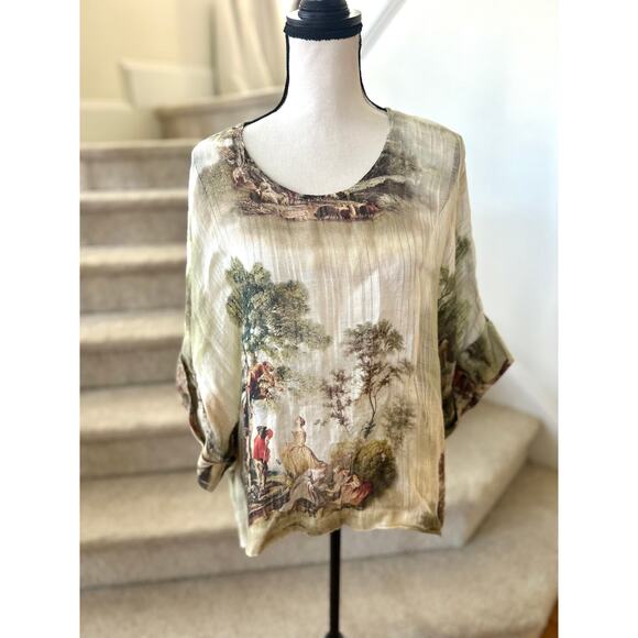 Yuvita Linen Boxy Short Sleeve Romantic Regency Georgian Colonial Print Blouse - Picture 1 of 9